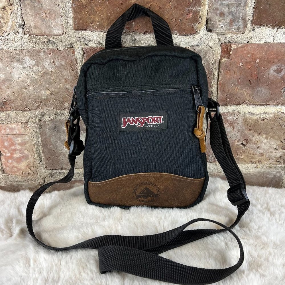Vintage Jansport Crossbody Bag Black Leather Bottom One Size